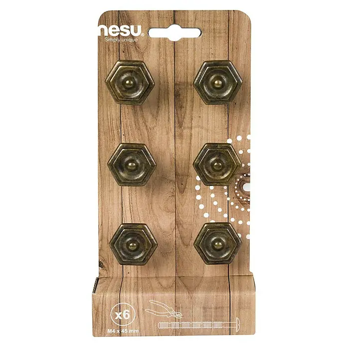 Nesu Pomo para muebles Bronce - Ø x Al: 32 x 23 mm, 6 ud. - Paquete de seis pomos hexagonales de color bronce para muebles de nesu. Perfectos para añadir un toque de encanto vintage a armarios y cajones.