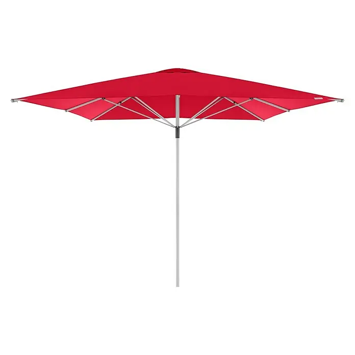Doppler Marktschirm Telestar - Rot, Bespannungsmaß (L x B): 400 x 400 cm - Ein leuchtend roter quadratischer Sonnenschirm mit einem stabilen, weißen Mittelmast, ideal für sonnige Tage im Freien.