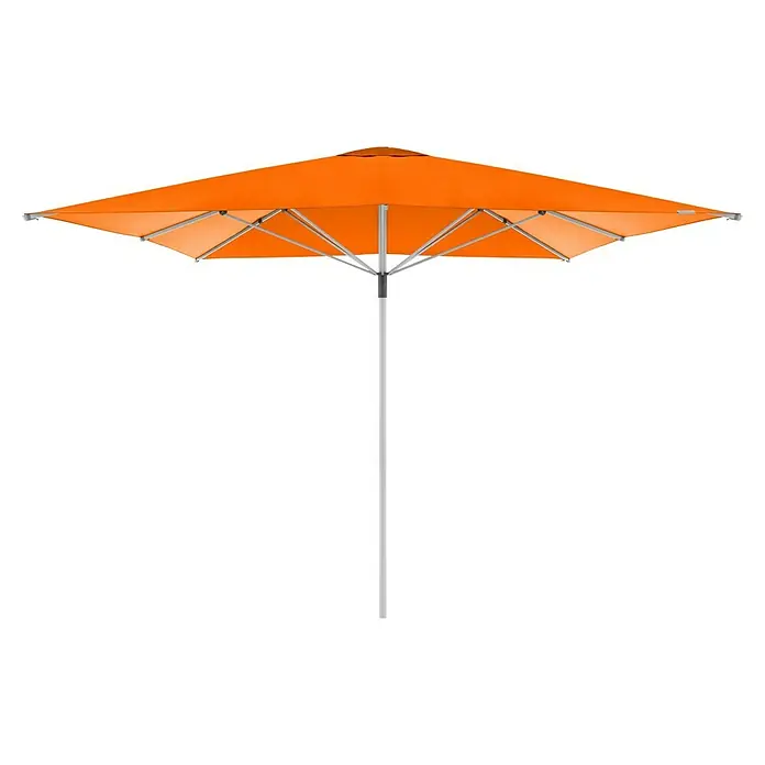Doppler Marktschirm Telestar - Orange, Bespannungsmaß (L x B): 400 x 400 cm - Bild eines quadratischen, orangefarbenen Sonnenschirms mit weißem Gestell, ideal für den Garten oder die Terrasse.