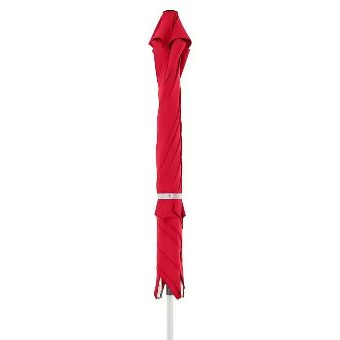Doppler Marktschirm Telestar - Rot, Bespannungsmaß (L x B): 400 x 400 cm - Geschlossener roter Sonnenschirm mit weißem Halteband und Stange.