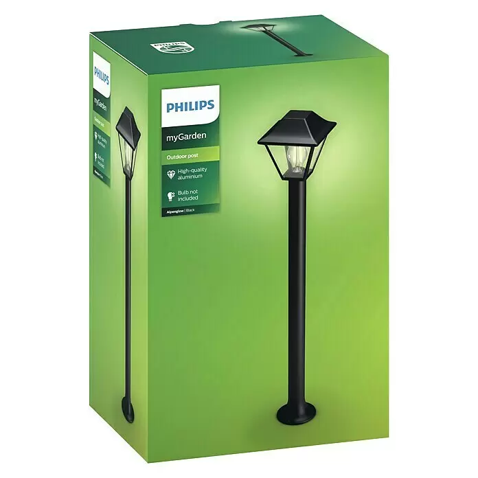 Philips Alpenglow Farola - 60 W, Color del marco: Negro, 17,4 x 17,4 x 89,9 cm, Sin bombillas - Lámpara de pie exterior negra Philips myGarden de aluminio de alta calidad. Bombilla no incluida.