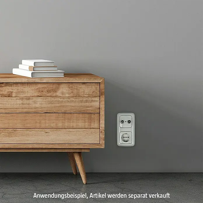 Busch-Jaeger Reflex SI Abdeckrahmen 2512-214 - Alpinweiß, 2-fach, Kunststoff - Wandsteckdose und Anschlussdose auf Putz mit Holzkommode und Büchern.