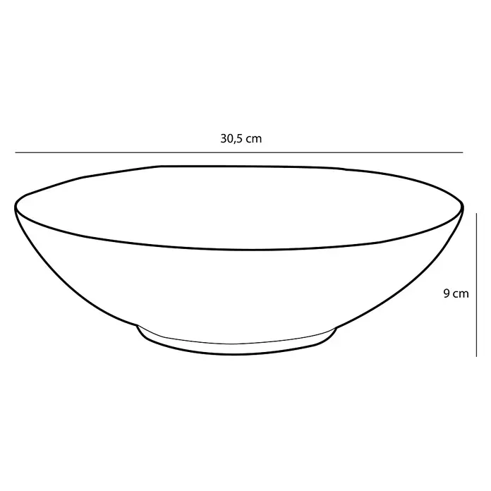 Schale Tabo - Ø x H: 30,5 x 9 cm, Schwarz - Schüssel-Illustration mit Maßangaben. Die Schüssel ist leer, hat eine runde Form und ist mit "30,5 cm" Breite und "9 cm" Höhe gekennzeichnet.