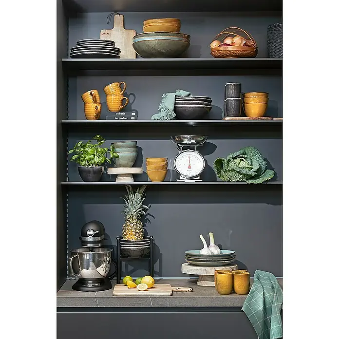 Schale Tabo - Ø x H: 20 x 6,5 cm, Schwarz - Ein graues Regal mit Geschirr, Küchengeräten und frischen Produkten wie Zitronen und Ananas. Eine Küchenmaschine steht bereit für den Einsatz.
