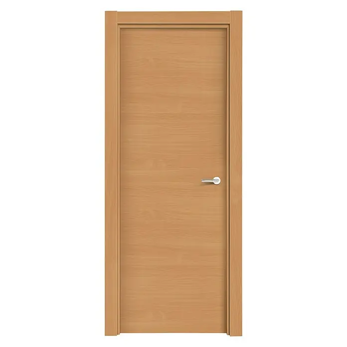 Solid Elements Puerta interior Haya Bavaria - 62,5 x 203 cm, Izquierda, Haya, Maciza - Una puerta moderna con vetas de madera marrón claro y una manija plateada sencilla, perfecta para un interior minimalista.