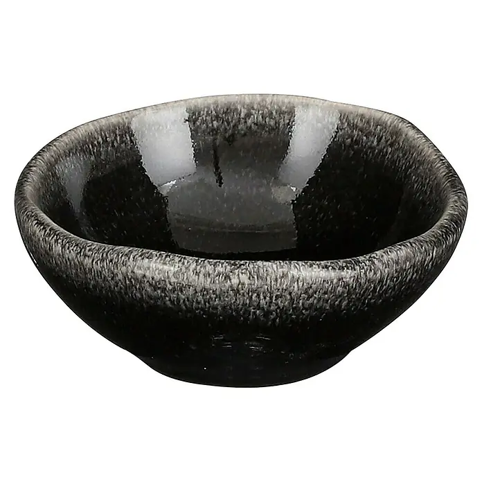 Schale Tabo - Ø x H: 8,5 x 3,5 cm, Schwarz - Nahaufnahme einer kleinen, leeren schwarzen Schale mit einer gesprenkelten Textur und glänzender Innenseite.