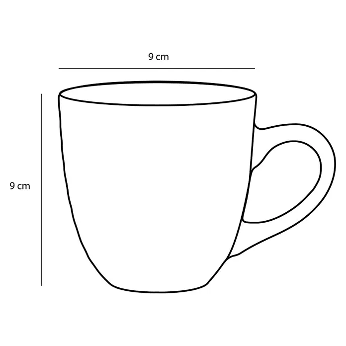 Tasse Tabo - Ø x H: 9 x 9 cm, Schwarz, Keramik - Skizze einer weißen Kaffeetasse mit Henkel und Maßangaben für Höhe und Breite zur Produktdimensionierung.
