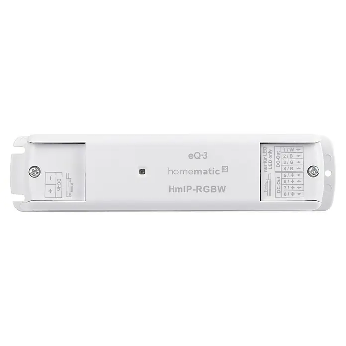 Homematic IP RGB-Controller HmIP-RGBW - 26 x 170 x 40 mm - Nahaufnahme des Homematic HmIP-RGBW LED-Controllers zur präzisen Steuerung von LED-Beleuchtungssystemen.