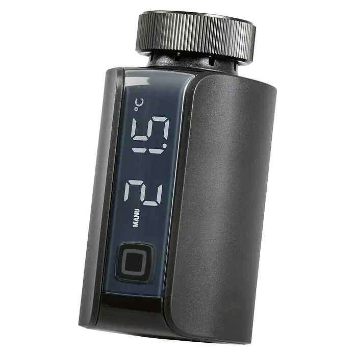 Homematic IP Heizkörper-Thermostat Evo HmIP-eTRV-E-A - Ventilanschluss: M30 x 1,5 mm, Batteriebetrieben, 94 x 53 x 55 mm, Anthrazit - Ein digitales Heizkörperthermostat mit LCD-Anzeige, die 21,5 °C anzeigt, und einem manuellen Steuermodus.