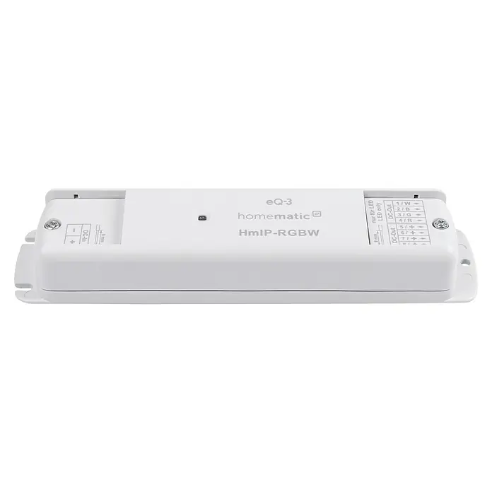 Homematic IP RGB-Controller HmIP-RGBW - 26 x 170 x 40 mm - Nahaufnahme eines weißen Homematic IP RGBW-Controllers zur intelligenten Steuerung von LED-Beleuchtungssystemen im Smart Home.