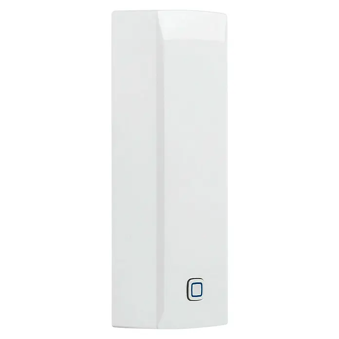Homematic IP Erschütterungssensor & Neigungssensor HmIP-STV - Batteriebetrieben, 20 x 25 x 85 mm - Eine Nahaufnahme eines weißen, elektronischen Geräts mit einem quadratischen Knopf, ideal für Smart-Home-Anwendungen.