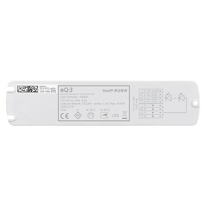Homematic IP RGB-Controller HmIP-RGBW - 26 x 170 x 40 mm - Abbildung eines eQ-3 HmIP-RGBW LED-Controllers mit technischen Daten und Anschlüssen.
