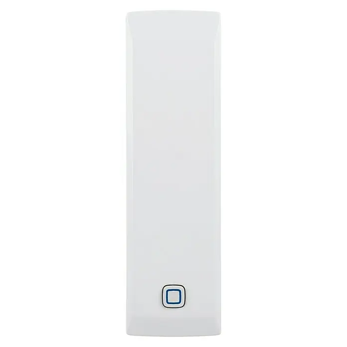 Homematic IP Erschütterungssensor & Neigungssensor HmIP-STV - Batteriebetrieben, 20 x 25 x 85 mm - Das Bild zeigt eine weiße, rechteckige Steuereinheit mit einem blauen Bedienknopf. Kompaktes Design für einfache Bedienung.