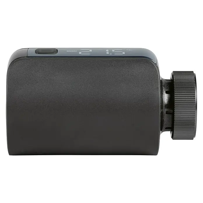 Homematic IP Heizkörper-Thermostat Evo HmIP-eTRV-E-A - Ventilanschluss: M30 x 1,5 mm, Batteriebetrieben, 94 x 53 x 55 mm, Anthrazit - Nahaufnahme eines schwarzen Heizkörperthermostats mit digitaler Temperaturanzeige und Bedienknopf für die Temperatureinstellung.