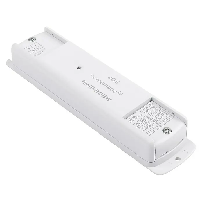 Homematic IP RGB-Controller HmIP-RGBW - 26 x 170 x 40 mm - Nahaufnahme eines Homematic IP RGBW LED-Controllers, der eine detaillierte Ansicht der Anschlüsse und Beschriftungen bietet.