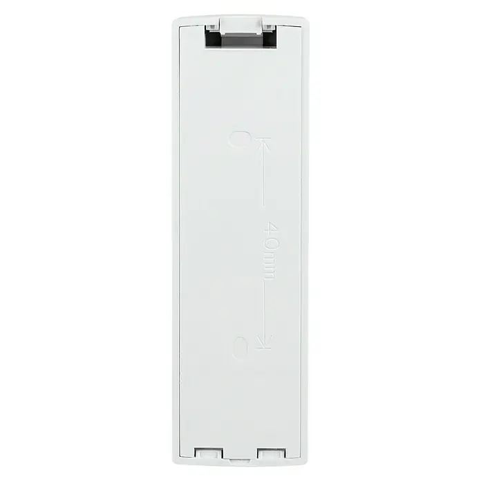 Homematic IP Erschütterungssensor & Neigungssensor HmIP-STV - Batteriebetrieben, 20 x 25 x 85 mm - Eine Nahaufnahme der Rückseite eines weißen elektronischen Geräts mit Montagevorrichtungen und einer Entfernungsmarkierung von 40 mm.