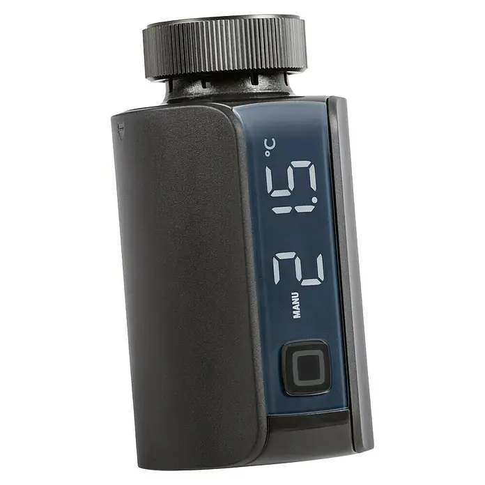 Homematic IP Heizkörper-Thermostat Evo HmIP-eTRV-E-A - Ventilanschluss: M30 x 1,5 mm, Batteriebetrieben, 94 x 53 x 55 mm, Anthrazit - Nahaufnahme eines elektronischen Heizkörperthermostats mit digitaler Anzeige und Einstellrad zur Temperaturregelung.