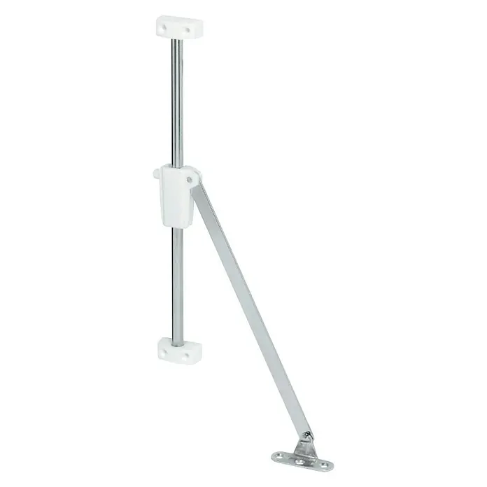 Stabilit Bisagra plegable - Largo: 176 mm - La imagen muestra un puntal de soporte de armario plateado con una carcasa de plástico blanca y placas de montaje.