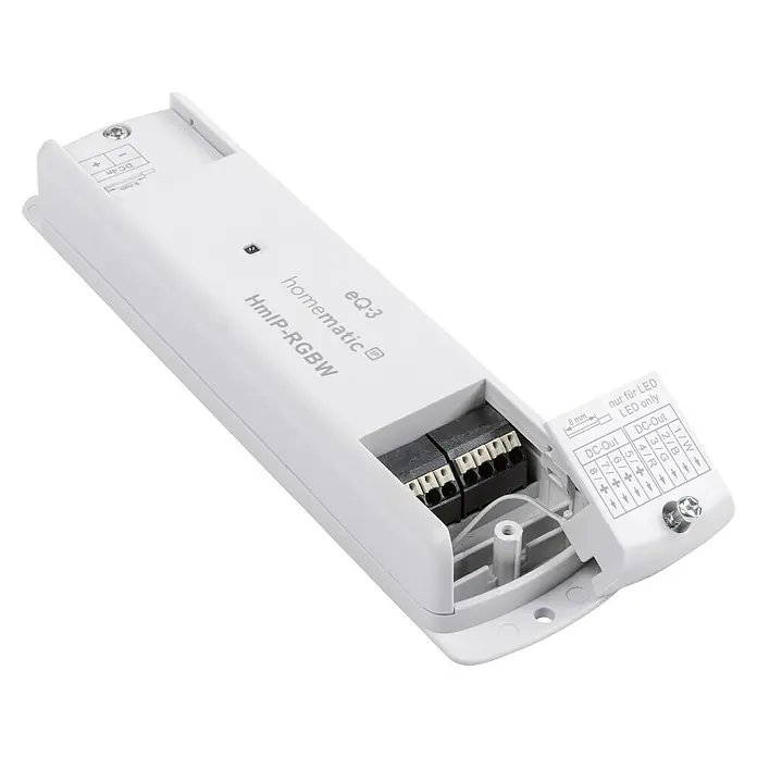Homematic IP RGB-Controller HmIP-RGBW - 26 x 170 x 40 mm - Abbildung eines Homematic IP RGBW Controllers, der für die Steuerung von LED-Beleuchtungssystemen in Smart Homes verwendet wird.