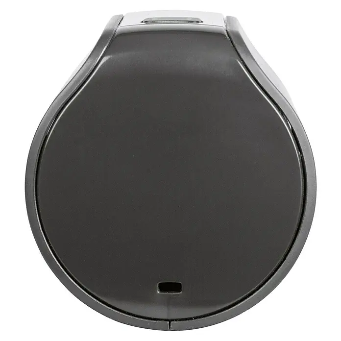 Homematic IP Heizkörper-Thermostat Evo HmIP-eTRV-E-A - Ventilanschluss: M30 x 1,5 mm, Batteriebetrieben, 94 x 53 x 55 mm, Anthrazit - Eine Nahaufnahme eines grauen, runden Seifenspenders. Das Gerät hat eine glatte Oberfläche und ein modernes Design für Badezimmer.