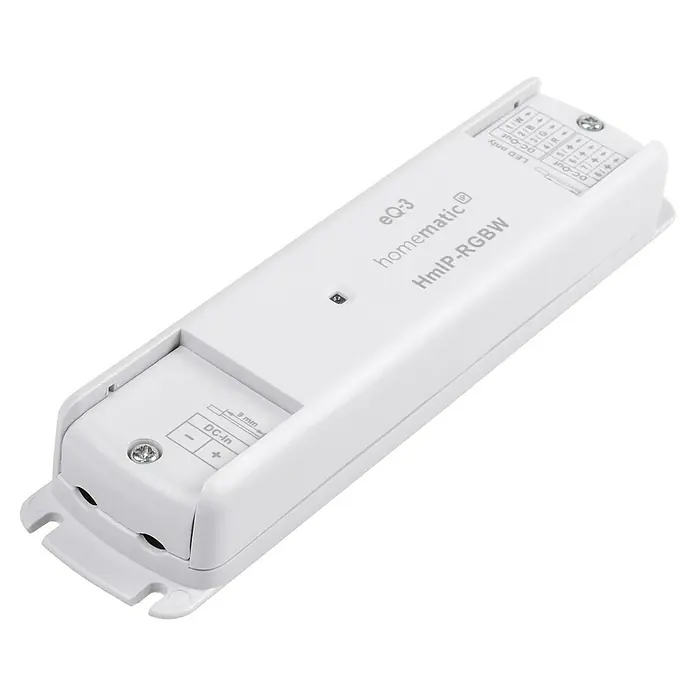 Homematic IP RGB-Controller HmIP-RGBW - 26 x 170 x 40 mm - Nahaufnahme des Homematic HmIP-RGBW-Controllers, einem intelligenten Hausgerät für die Steuerung von RGBW-LED-Beleuchtungssystemen.