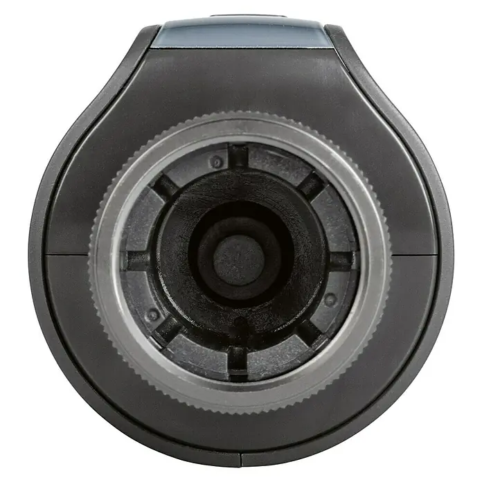 Homematic IP Heizkörper-Thermostat Evo HmIP-eTRV-E-A - Ventilanschluss: M30 x 1,5 mm, Batteriebetrieben, 94 x 53 x 55 mm, Anthrazit - Nahaufnahme eines schwarzen Objektivs mit silberner Umrandung und zentraler Öffnung, das ein professionelles Kameraequipment darstellt.
