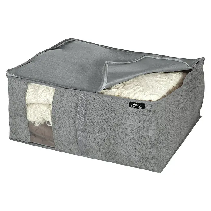 Organizador de armario Stone - L x An x Al: 38 x 50 x 24 cm, Específico para: Ropa de cama - Contenedor de almacenamiento de tela gris con cremallera parcial y ventana transparente para guardar textiles y ropa.