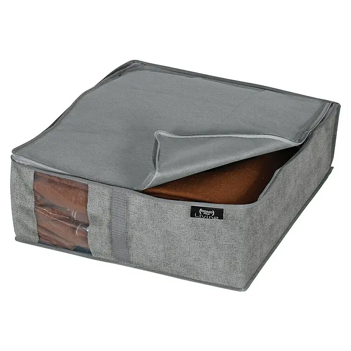 Organizador de armario Stone - L x An x Al: 45 x 40 x 15 cm, Específico para: Ropa - Contenedor de almacenamiento gris con lados transparentes para guardar y organizar artículos fácilmente.