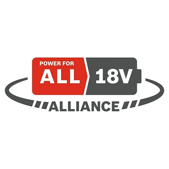 Bosch Power for All 18V Akku-Gras- & Strauchschere AdvancedShear 18V-10 - 18 V, Li-Ionen, 1 Akku, Schwertbreite: 10 cm - Logo der "Power for All Alliance" für 18V Akkus. Ein rotes Feld mit "Power for All", daneben ein graues Akku-Symbol mit "18V". Unterhalb steht "Alliance".