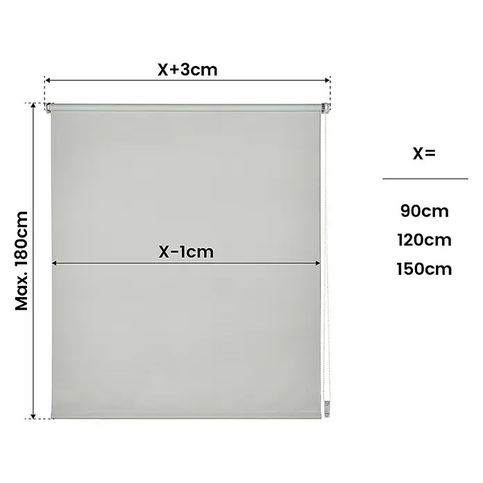 Estor enrollable opaco PP - An x Al: 150 x 180 cm, Gris - Imagen de un estor enrollable con dimensiones. El ancho es "X+3cm" y la altura es máx. 180cm. El ancho del estor es X-1 cm.
