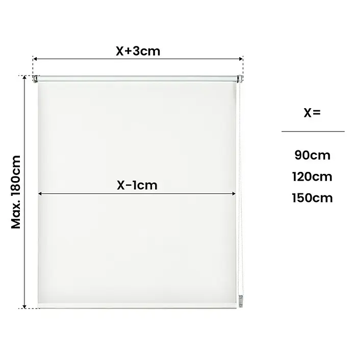 Estor enrollable opaco PP - An x Al: 150 x 180 cm, Blanco - Dimensiones del estor enrollable: X+3cm de ancho superior, máx. 180cm de altura y X-1cm de ancho de la tela. Anchuras disponibles: 90cm, 120cm, 150cm.