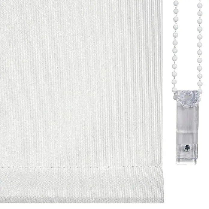 Estor enrollable opaco PP - An x Al: 150 x 180 cm, Blanco - Primer plano de una persiana enrollable blanca con cadena de bolas, que ofrece un diseño elegante y funcional para la decoración de ventanas.