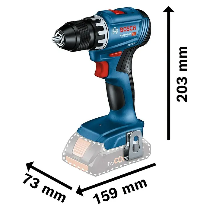 Bosch Professional AMPShare 18V Akku-Bohrschrauber GSR 18V-45 - 18 V, Ohne Akku, 45 Nm, Ohne L-Boxx 136 - Abbildung eines Bosch GSR 18V-45 Professional Akku-Bohrschraubers mit Größenangaben.