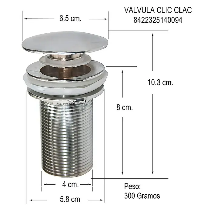Artysan Válvula click clack para lavabo - Latón - Imagen de un tapón de lavabo cromado con dimensiones de 6,5 cm de diámetro y 10,3 cm de altura.