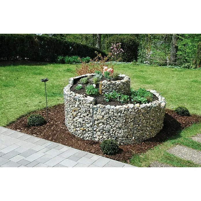 Bellissa Gabionen-Kräuterspirale - 150 x 200 x 80 cm, Stahl, Fassungsvermögen Erde: 1.350 kg - Eine spiralförmige Gabionen-Hochbeetstruktur, gefüllt mit Steinen und bepflanzt mit verschiedenen Pflanzen, die sich ideal für den Garten eignet.