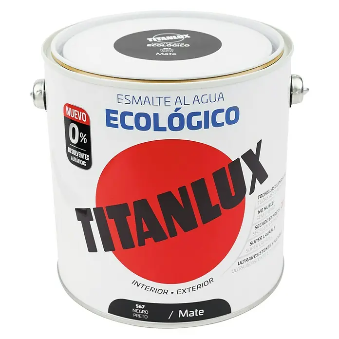 Titanlux Esmalte de color Eco - Negro, Mate, 2,5 l, Base de agua - Bote de pintura esmalte al agua Titanlux en negro mate. Ideal para interior y exterior, ecológico y sin disolventes.