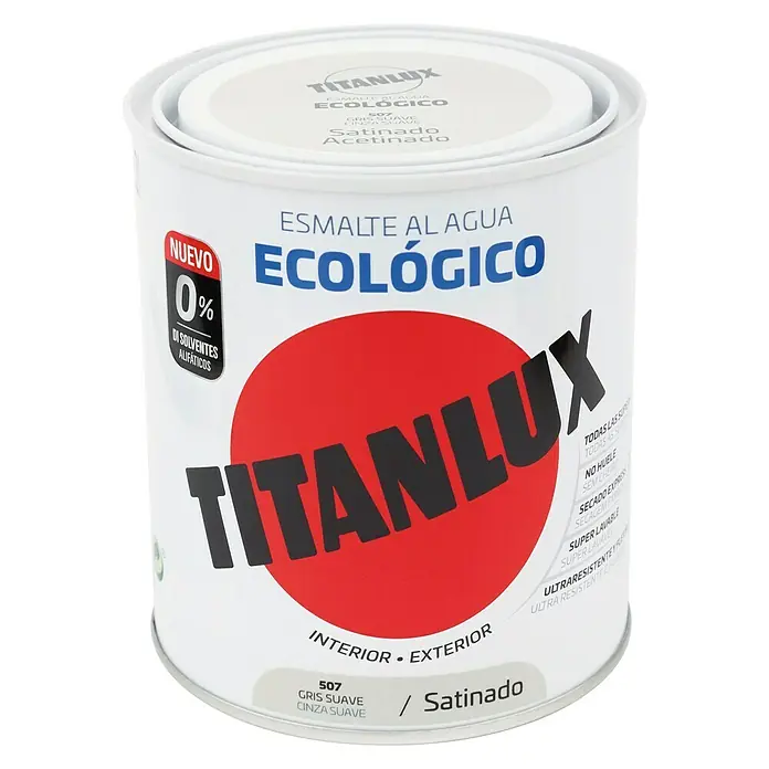 Titanlux Esmalte de color Eco - Gris suave, Satinado, 750 ml, Base de agua - Bote de pintura al agua Titánlux, ecológica, con acabado satinado para interior/exterior, con 0% disolventes alifáticos, color Gris.