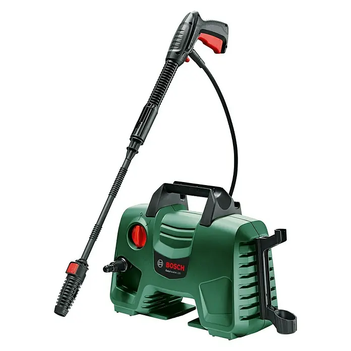 Bosch Hochdruckreiniger EasyAquatak 120 - 1.500 W - Eine grüne Bosch EasyAquatak 120 Hochdruckreiniger mit schwarzem Schlauch und rotem Knopf für den Außenbereich.