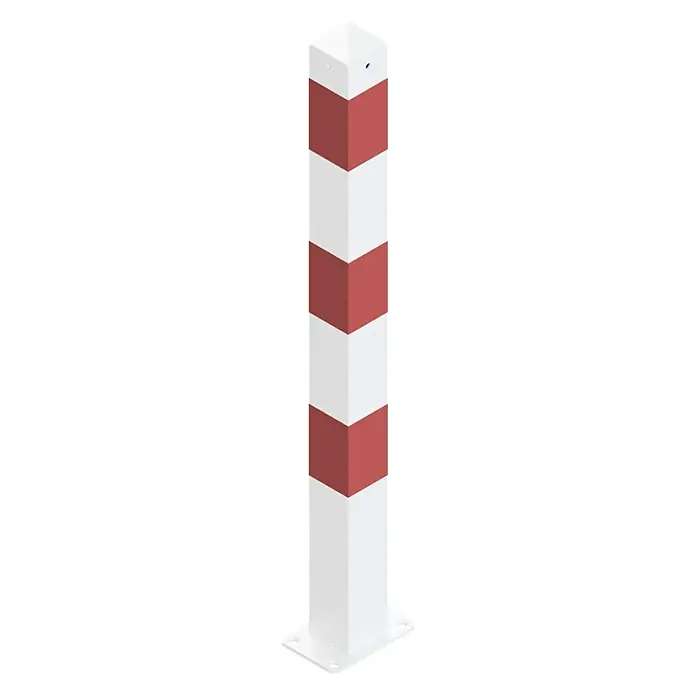 Schake Sperrpfosten - L x B x H: 70 x 70 x 900 mm, Stahl, Aufdübeln, Weiß/Rot, Ohne Öse - Ein rot-weiß gestreifter Sicherheitspoller, der für Schutz und Sichtbarkeit in verschiedenen Umgebungen sorgt.