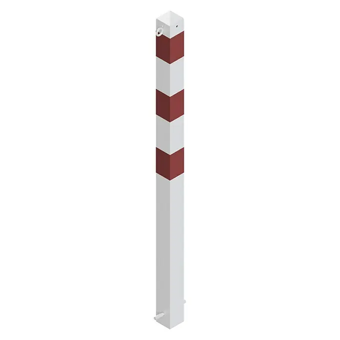 Schake Sperrpfosten - L x B x H: 70 x 70 x 1.300 mm, Stahl, Einbetonieren, Weiß/Rot, Öse - Isometrische Darstellung eines weißen Leitpfostens mit rot-weißen Markierungen. Ein auffälliger Leitpfosten zur Verkehrssicherung.