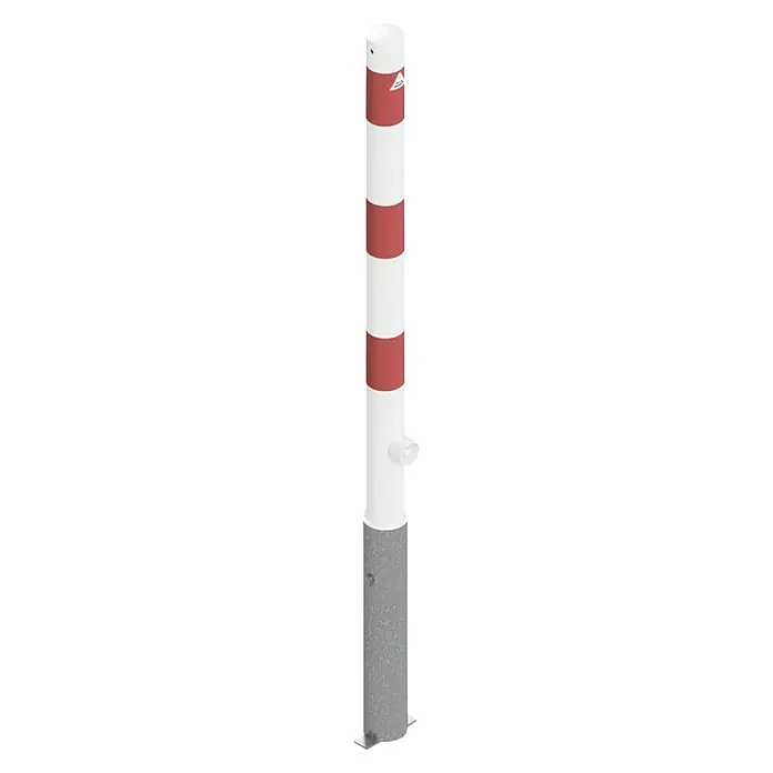 Schake Sperrpfosten - Ø x H: 60 x 1.300 mm, Stahl, Einbetonieren, Weiß/Rot, Ohne Öse, Dreikantverriegelung - Pfosten mit roten und weißen Streifen, ideal für die Verkehrsleitung und zur Absicherung von Fußgängerzonen.