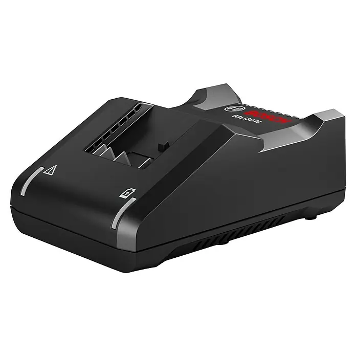 Bosch Professional AMPShare 18V Akku & Ladegerät Starter-Set GAL 18V-40 / GBA 18V 4 Ah - 18 V, 1 Akku, 4 Ah - Das Bild zeigt ein Bosch GAL1880-40 Ladegerät in Schwarz. Es ist ein robustes, leistungsstarkes Gerät zum schnellen Aufladen von Akkus.