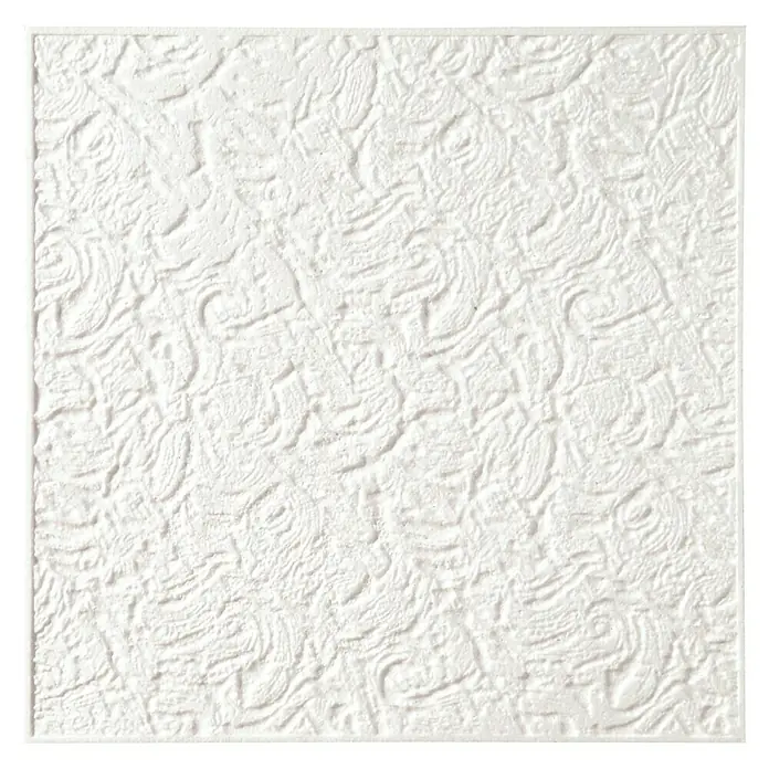 Deckenplatte Dekor 83 - Weiß, 50 x 50 cm, 2 m², Polystyrol - Nahaufnahme einer weißen, strukturierten Deckenplatte, die ein verschlungenes, wirbelartiges Muster aufweist und für eine dekorative Optik sorgt.