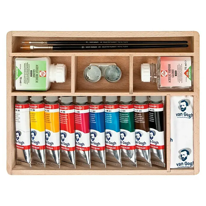 Talens Van Gogh Set de pinturas acrílicas Basic - Multicolor, 10 ud. x 40 ml, Tubo - Una caja de madera Van Gogh con pinturas acrílicas, barniz, medio de pintura, pinceles, paleta de mezcla y paño para artistas.
