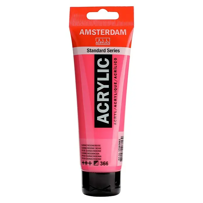Talens Amsterdam Pintura acrílica Standard - Rosa quinacridona, 120 ml, Tubo - Primer plano de un tubo de pintura acrílica Amsterdam Standard Series en rosa quinacridona (n.º 366).