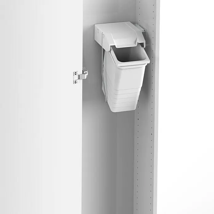 essensa Standard-Mülleimer Single - 8 l, Kunststoff, Weiß - Ein weißer Schrank mit einem eingebauten, ausziehbaren Mülleimer-System. Ideal für die Küchenabfallentsorgung.
