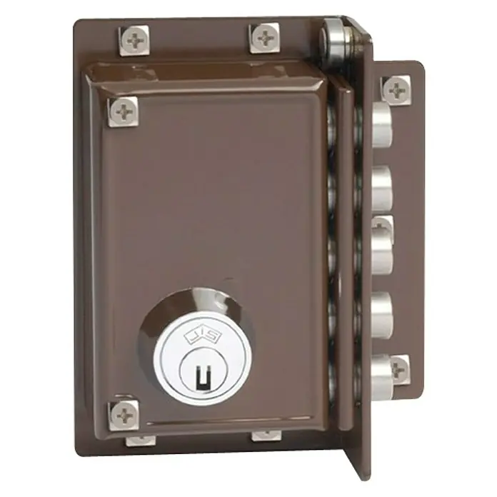 JiS Cerradura con cerrojo 5239 - Tipo de bloqueo: Cerradura de bombín, DIN-Izquierda, Puerta exterior - Primer plano de una cerradura de seguridad JIS marrón, diseñada para la seguridad y la protección.