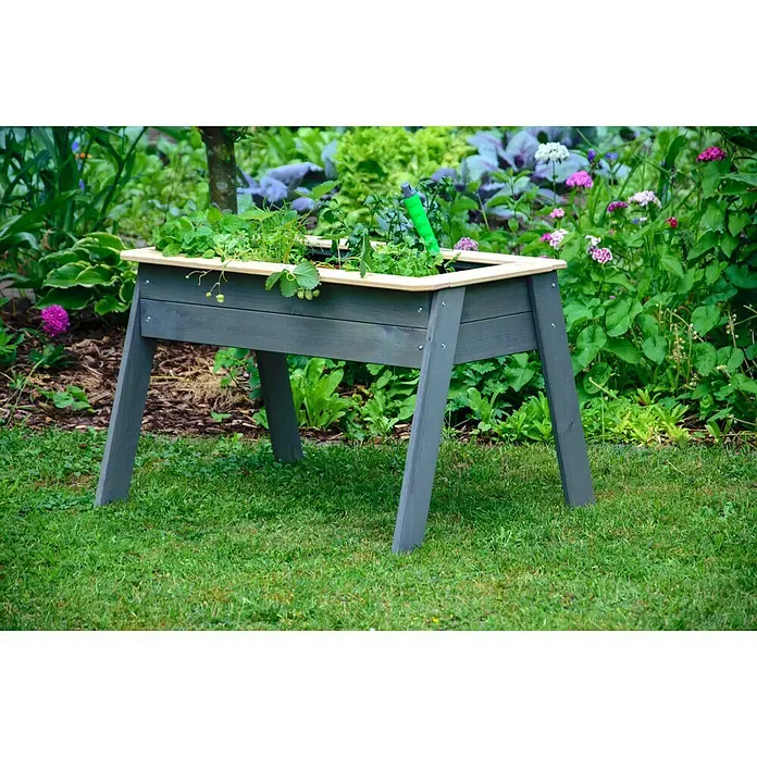 Dobar Hochbeet für Kinder - 78 x 60 x 50 cm, Holz, Grau - Graues Hochbeet aus Holz mit Pflanzen und Gartengeräten im Garten.