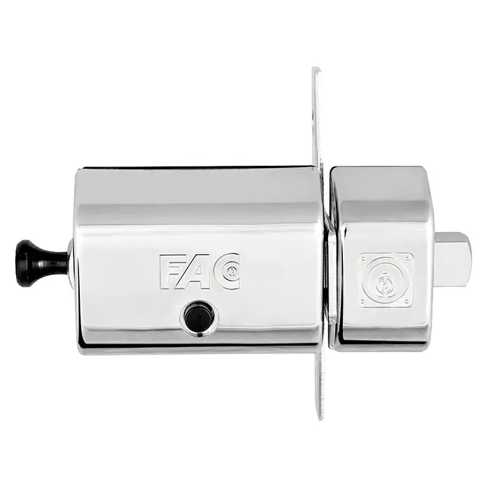 FAC Cerrojo UVE Magnet - L x An x Al: 169 x 40 x 29,5 mm, Níquel - Primer plano de una cerradura de seguridad FAC cromada, diseñada para una mayor protección y mano de obra de alta calidad.