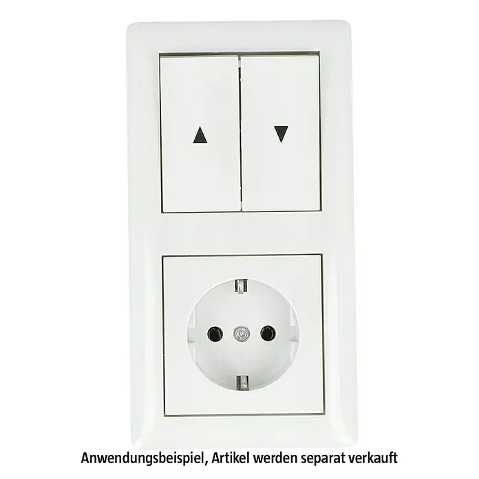 Gira Standard 55 Abdeckrahmen 021203 - Reinweiß glänzend, 2-fach, Kunststoff, Vertikal - Weiße Steckdose und zwei Schalter mit Pfeilsymbolen. Praktische Kombination für Stromversorgung und Lichtsteuerung in einem.